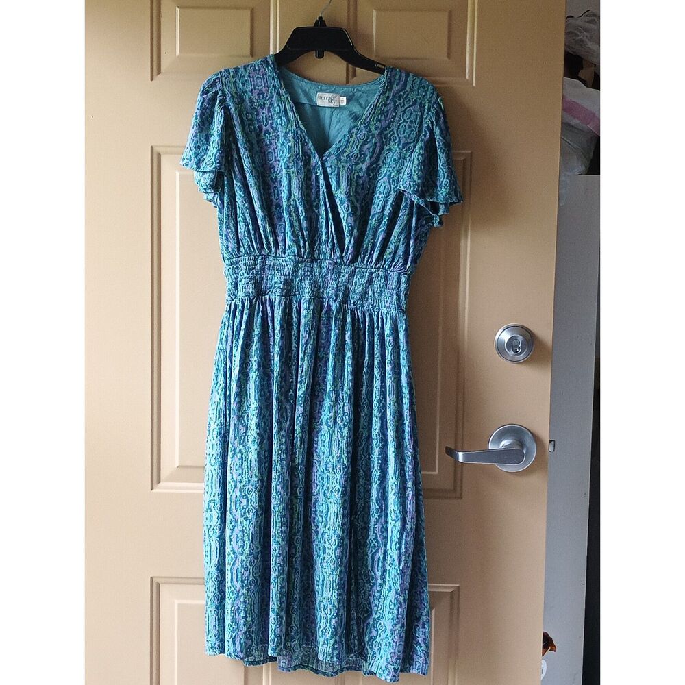 Terra & Sky Abstract Ikat Floral Midi Dress Smocked Waist Flutter Sleeve 0X 14W